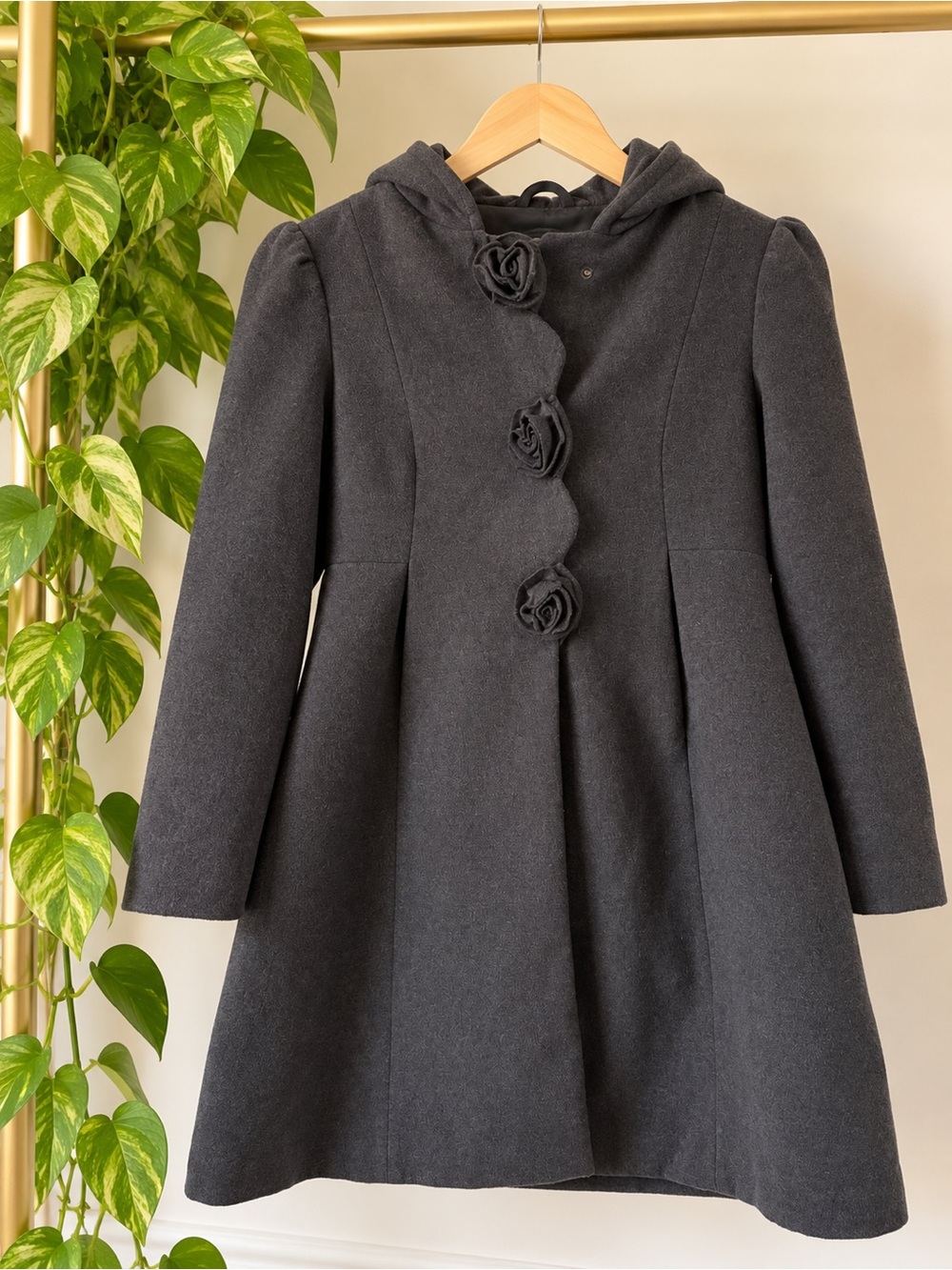 Rothschild Girls 10/12 Charcoal Rosette Hooded Dress Coat